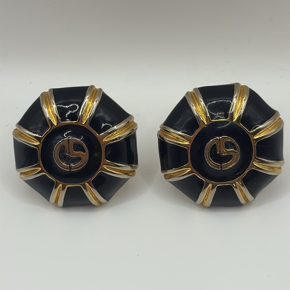 Vintage 80’s St. John Black Enamel and Gold Clip-on Logo Earrings - Picture 2 of 5